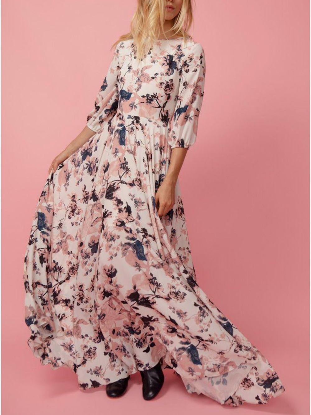 Yumi Kim Sz XS Woodstock Maxi Dress French Maison Ivory 3/4 Sleeve Pink Wedding